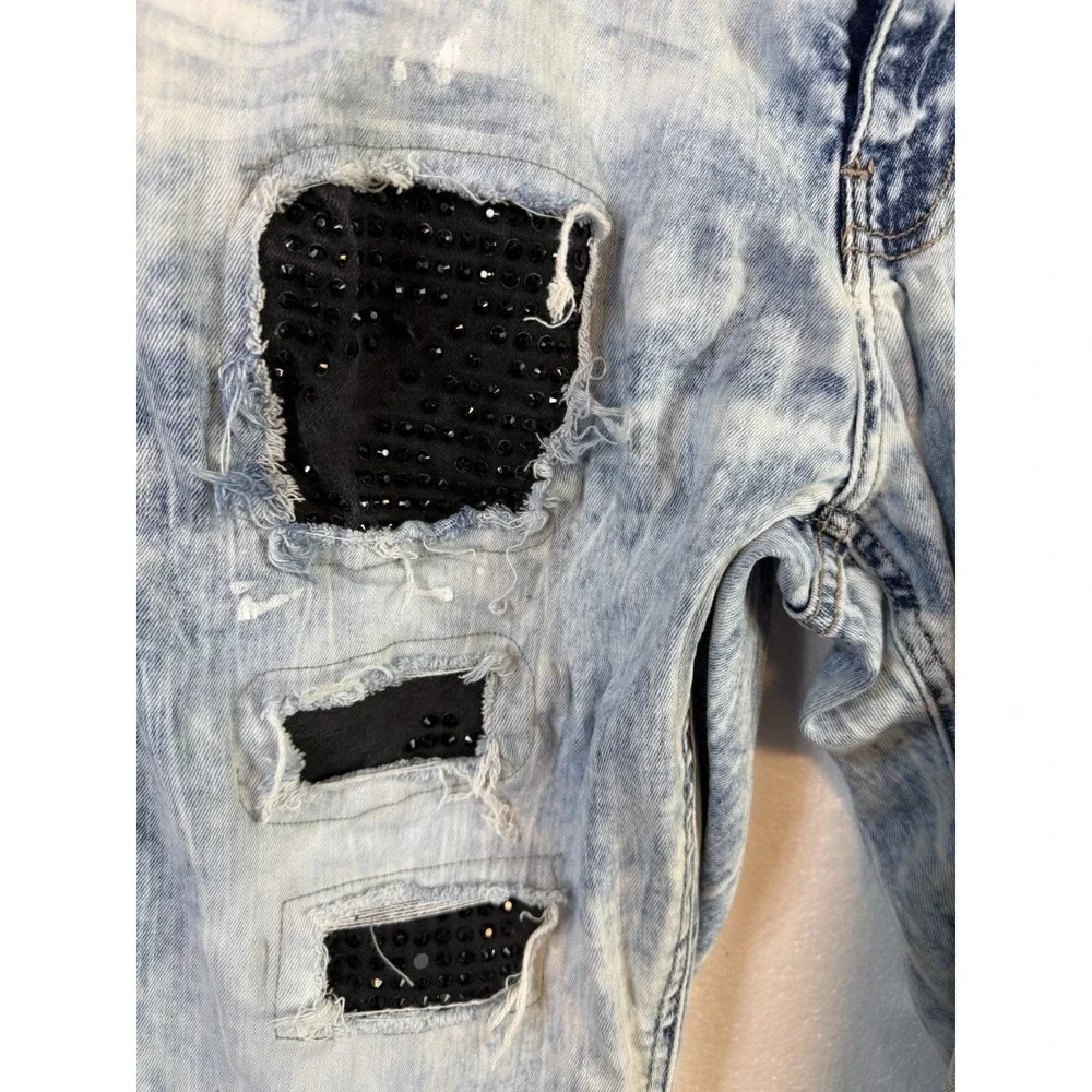 Copper Rivet Jeans Mens 34x32 Blue Paint Splatter Distressed Slim Fit Stone Wash - Picture 10 of 12